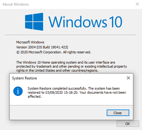 Known and Resolved issues for Windows 10 May 2020 Update version 2004-2004-system-restore.png